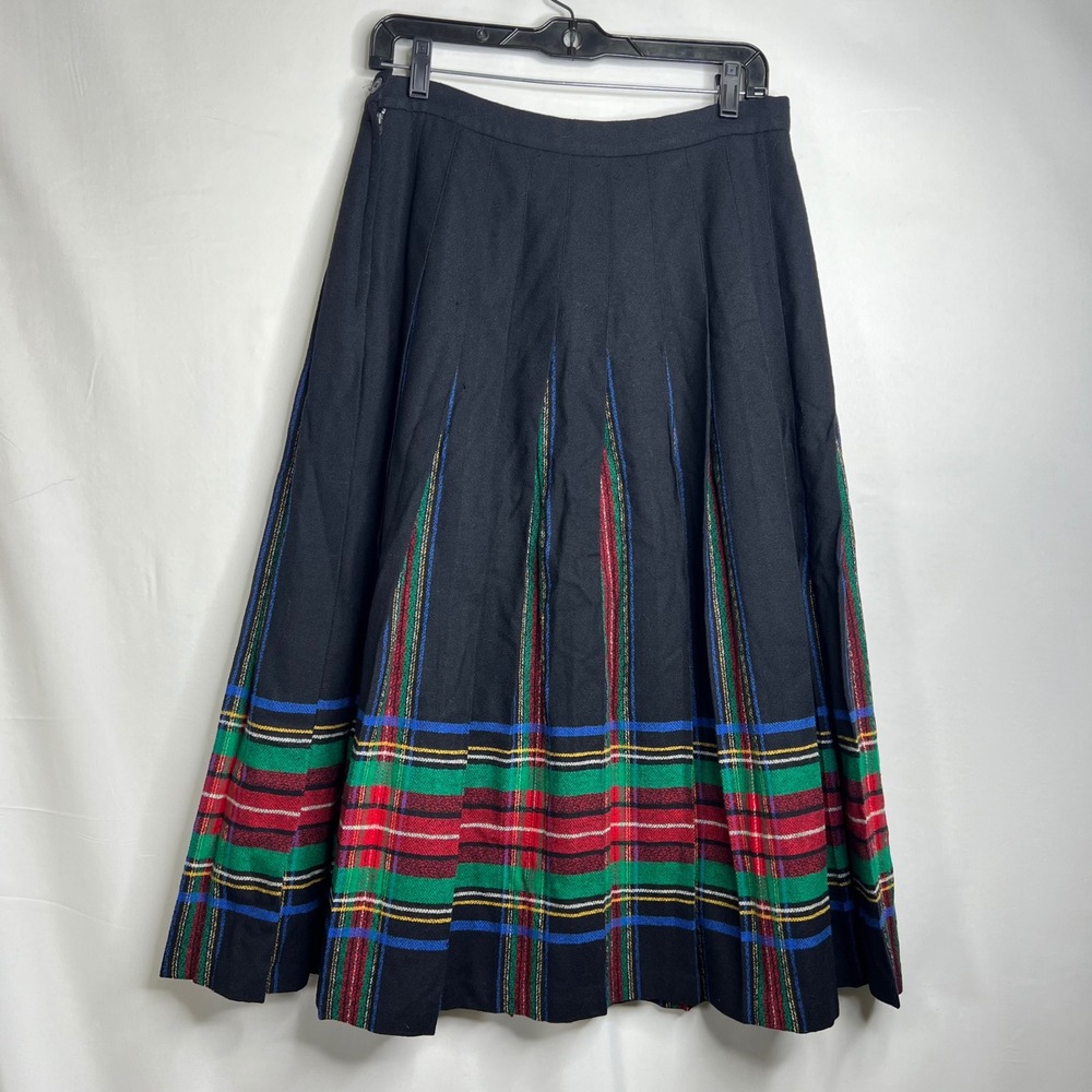 Vintage 1970s Pendleton Black Plaid Pleated Skirt 12 Wool Midi Dark Academia Mod